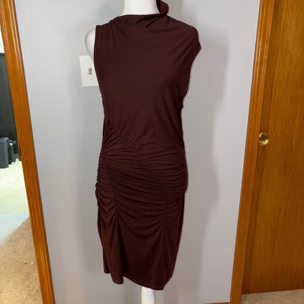 Anthropologie Ruched Mock Neck Knit Dress Cocoa Plum Fitted Sleeveless Bodycon - Picture 4 of 11